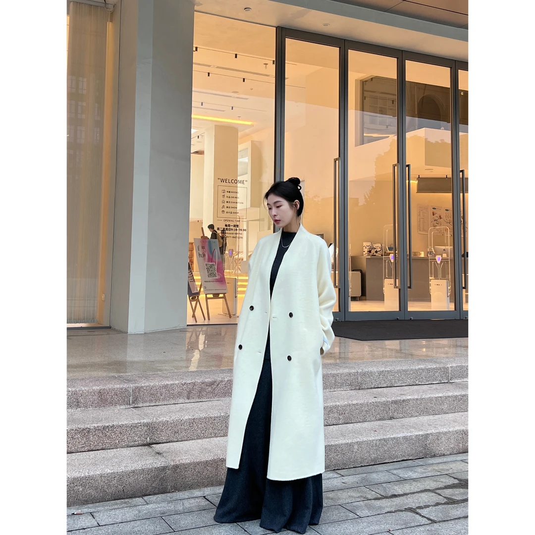 Minimalism【雪山】极简羊驼毛双面大衣V领带腰带无领直筒外套23137