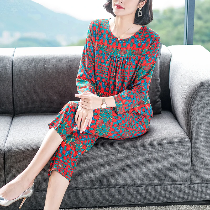春夏高档棉绸女年轻睡衣薄款长袖可外穿加大码宽松家居服妈妈套装