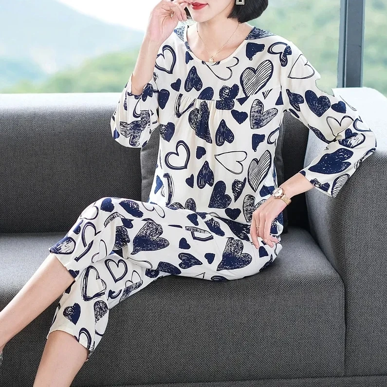 睡衣女中老年妈妈春秋季棉绸长袖套装奶奶加大码可外穿休闲家居服