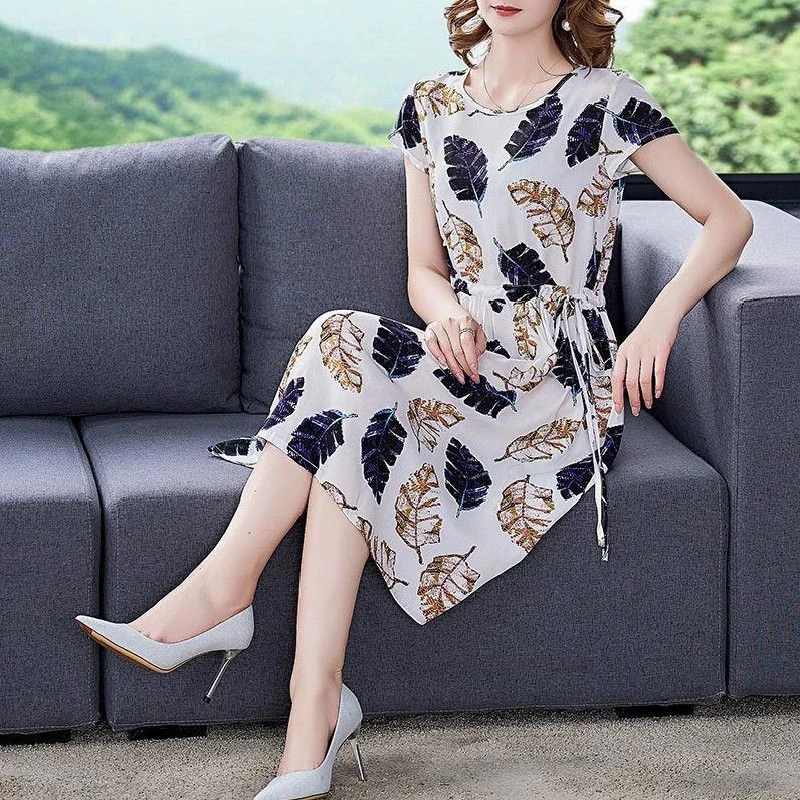 棉绸短袖连衣裙女夏新款时尚宽松显瘦系带收腰遮肉过膝中长款裙子