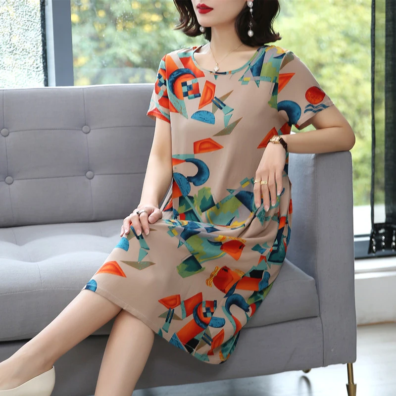 妈妈装棉绸连衣裙女夏外穿中老年宽松显瘦收腰遮肚短袖中长款裙子