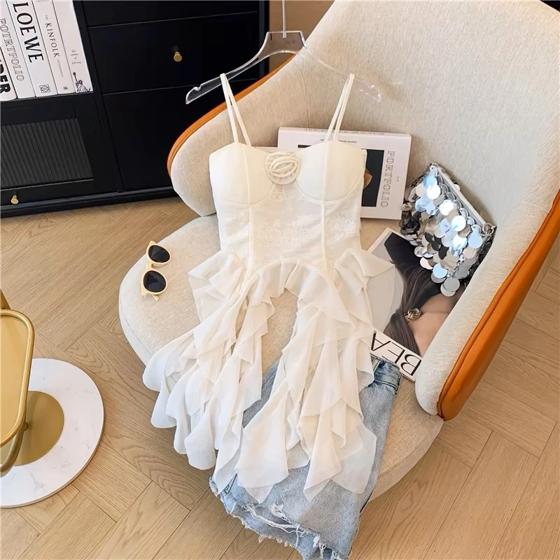 不规则荷叶边吊带背心女带胸垫夏季外穿性感美背小众气质辣妹上衣