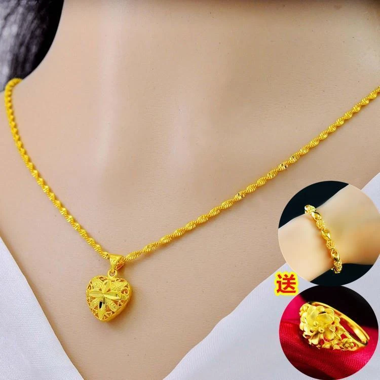 铜合金项链 时尚桃心18k黄金色水波纹项链女百搭首饰品转运珠吊坠