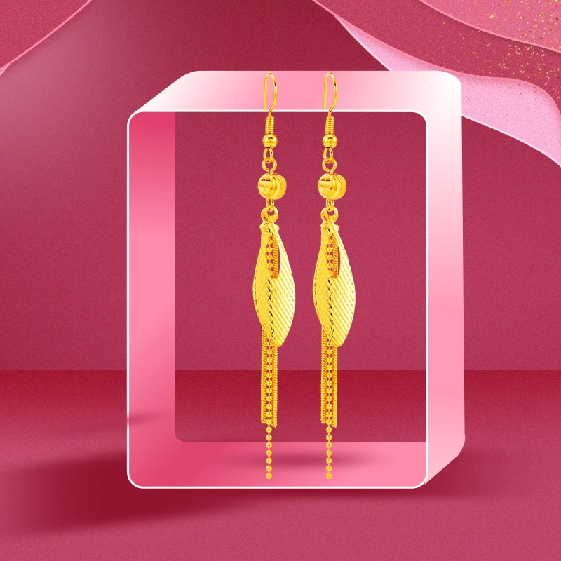 合金耳饰 时尚树叶24k黄金色耳环女款气质流苏长款挂勾耳坠不掉色
