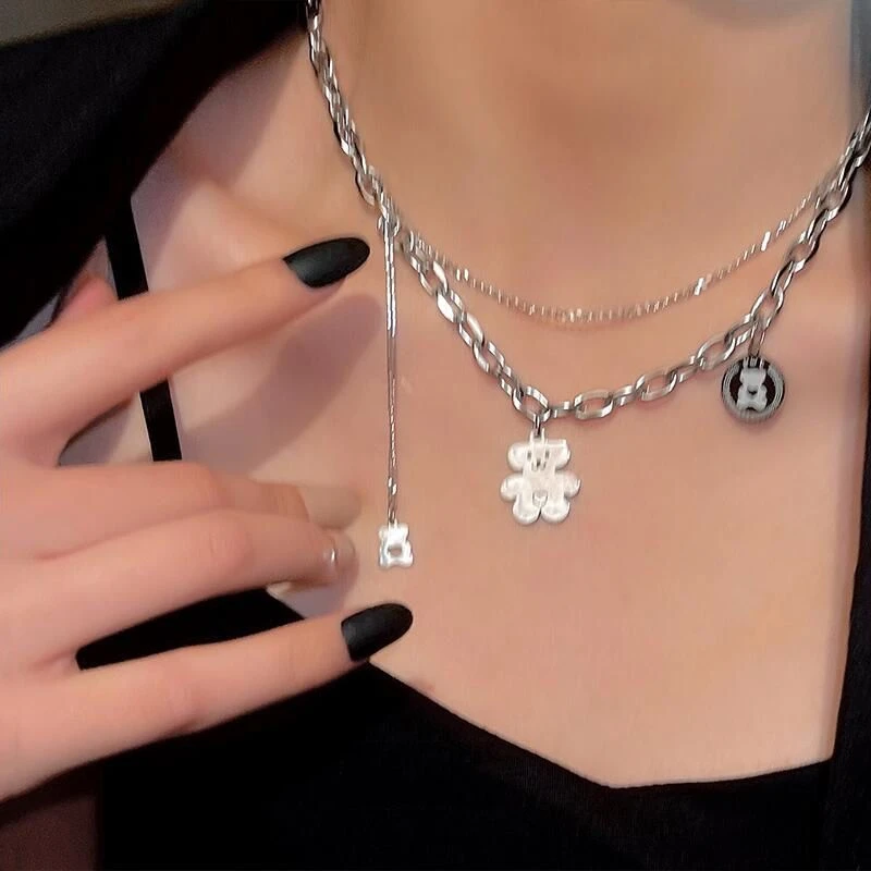 合金项链 双层叠戴爱心小熊ins女ins潮美嘻哈甜酷冷淡风小众配饰