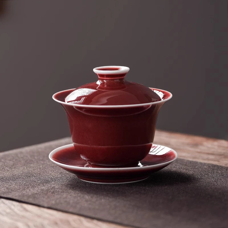 【微微瑕】手工郎红三才盖碗茶具泡茶碗景德镇高温茶具红色茶碗工厂