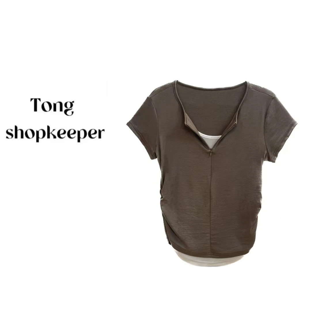 QJ/彤掌柜168711 【优等生】v领拼接设计师款显瘦修身百搭短袖