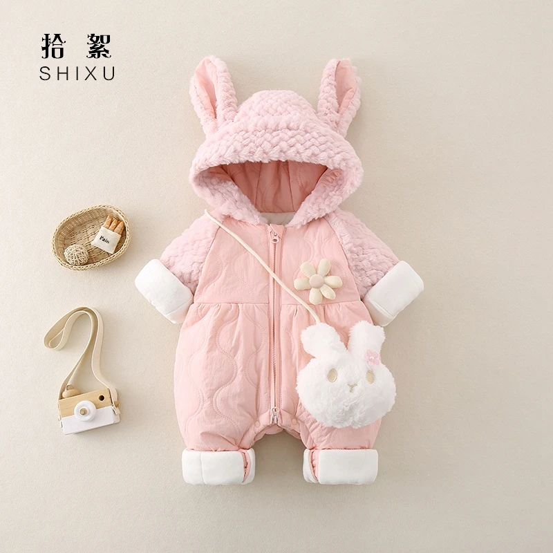 婴儿衣服秋冬装夹棉连体衣女宝宝公主棉服外出服哈衣卡通薄棉外套
