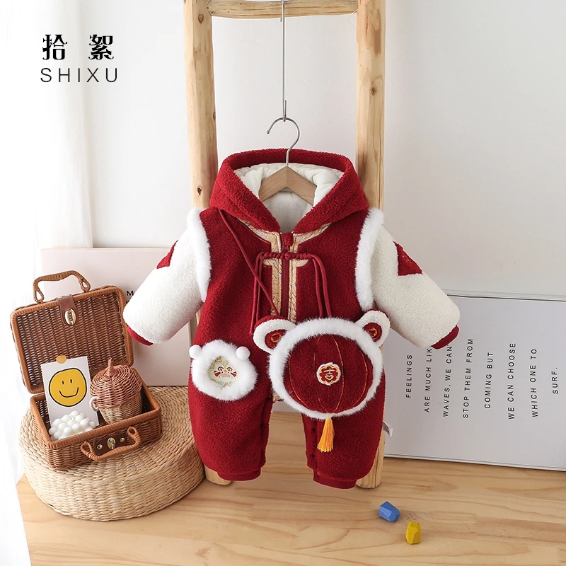 婴儿衣服冬装加绒连体衣过新年棉衣宝宝周岁礼服加厚毛毛衣拜年服