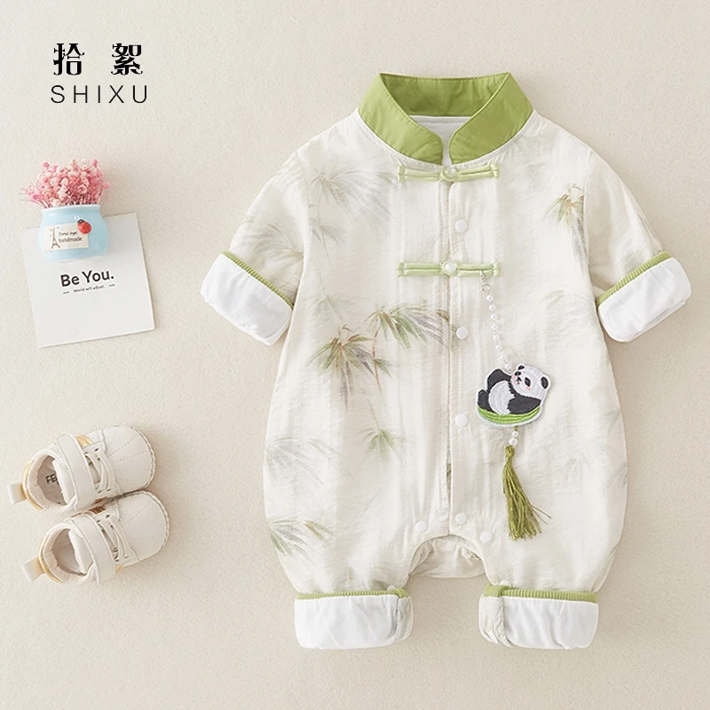 宝宝百天衣服中国风汉服可爱哈衣婴儿唐装春装周岁礼服超萌连体衣