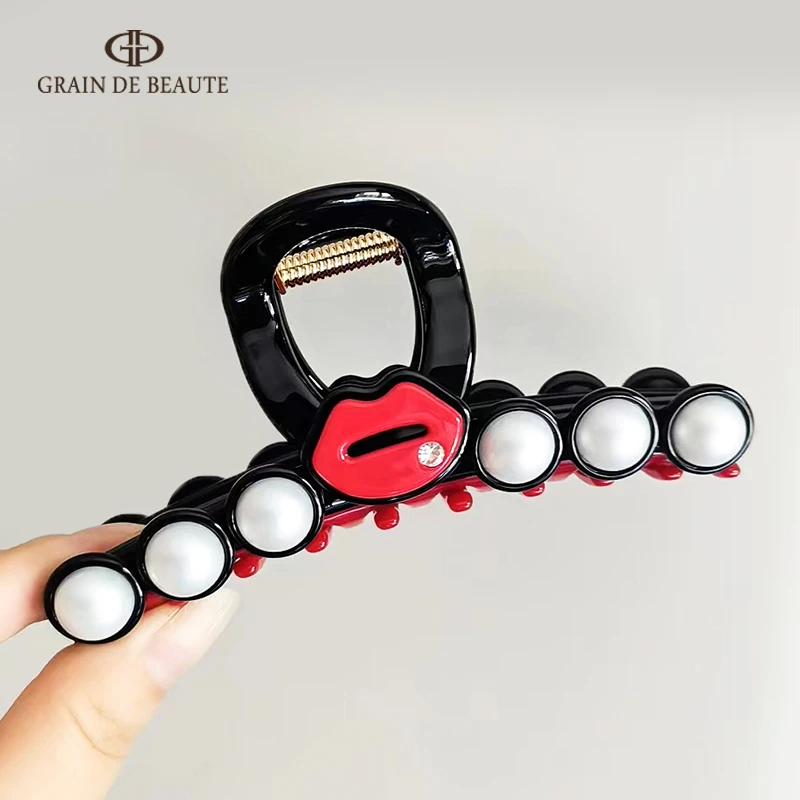 合金亚克力发饰 韩国进口GRAIN de BEAUTE珍珠红唇抓夹大号高级感