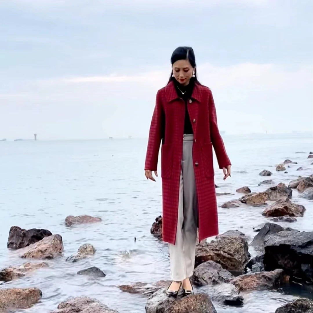 【经典格】双面羊毛经典格春秋冬长款女士外套 气质 显瘦 时尚 洋气