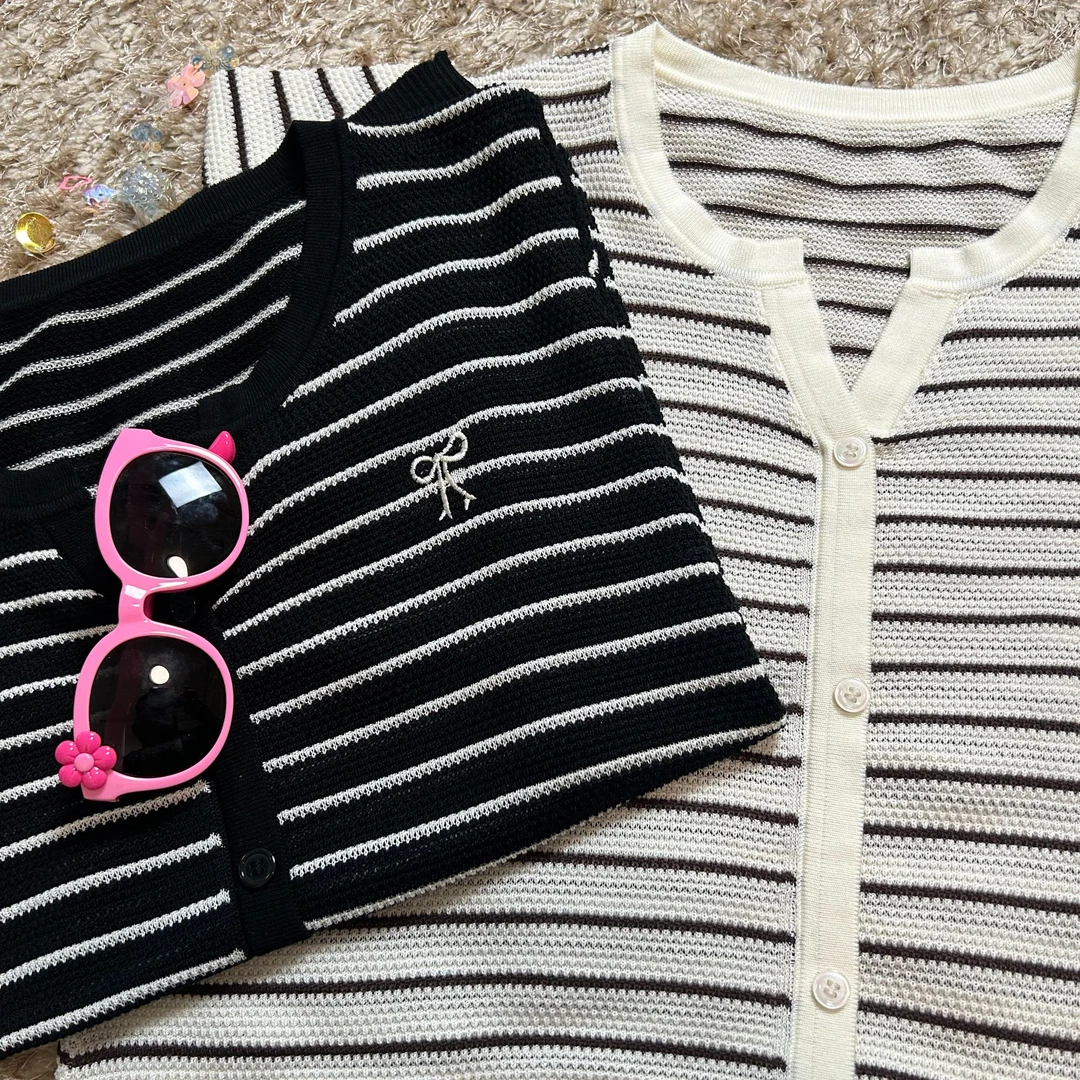 夏季新款条纹假开衫莱赛尔天丝显瘦气质针织女短袖