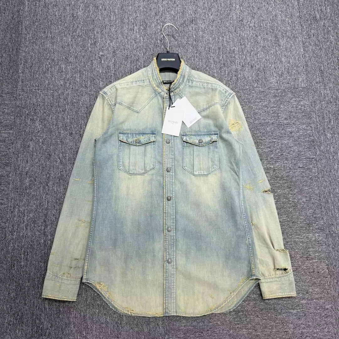 Balmain巴尔曼 做旧刀割牛仔衬衫/40码/全新带吊/09036