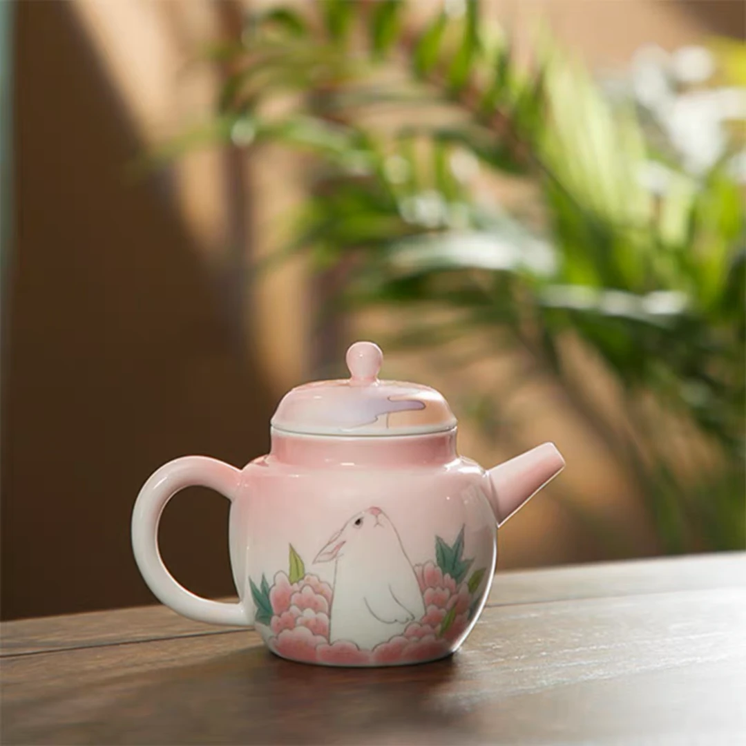 兔子望月手绘粉色功夫茶具陶瓷轻奢现代简约茶壶