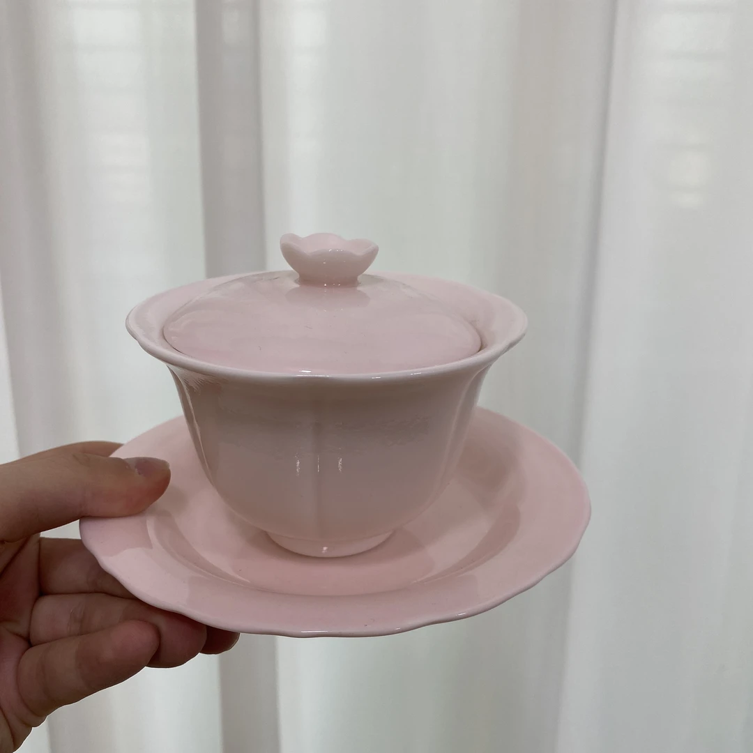 素面粉色羊脂玉花边三才盖碗05GR05茶具