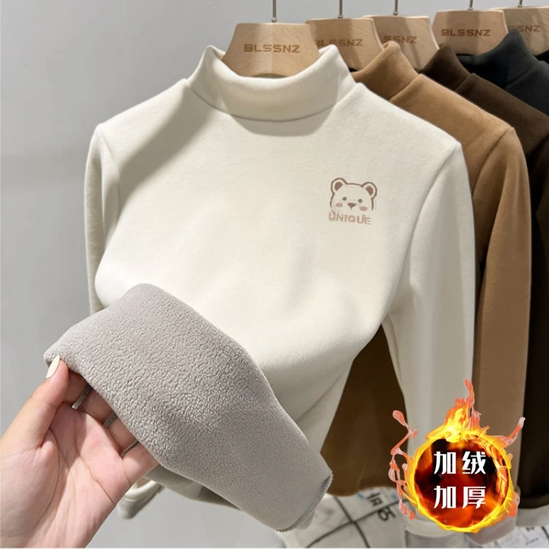 女童卫衣2024新款打底衫加绒加厚一体绒中大童半高领保暖印花上衣