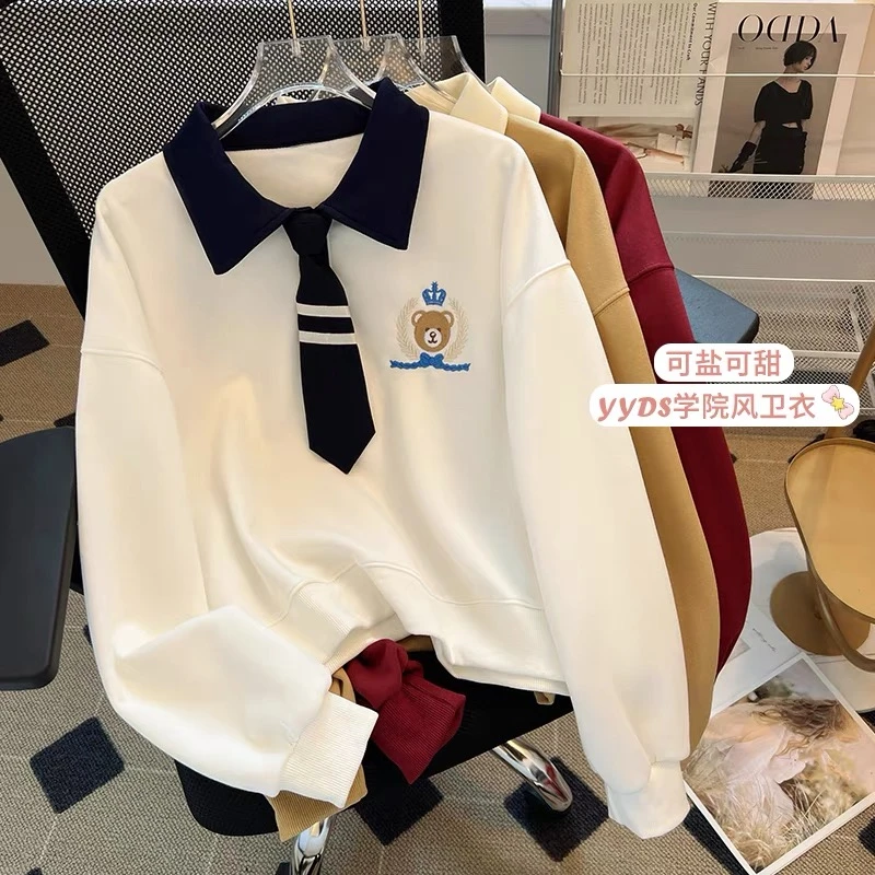 女童2024秋冬新款学院风洋气polo领中大童卫衣长袖宽松刺绣上衣潮