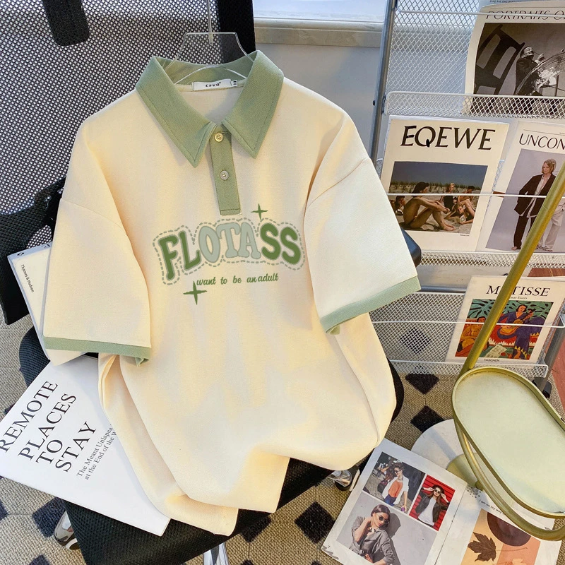 女童夏季百搭半袖撞色T恤美式印花POLO衫显瘦学生洋气翻领短袖潮