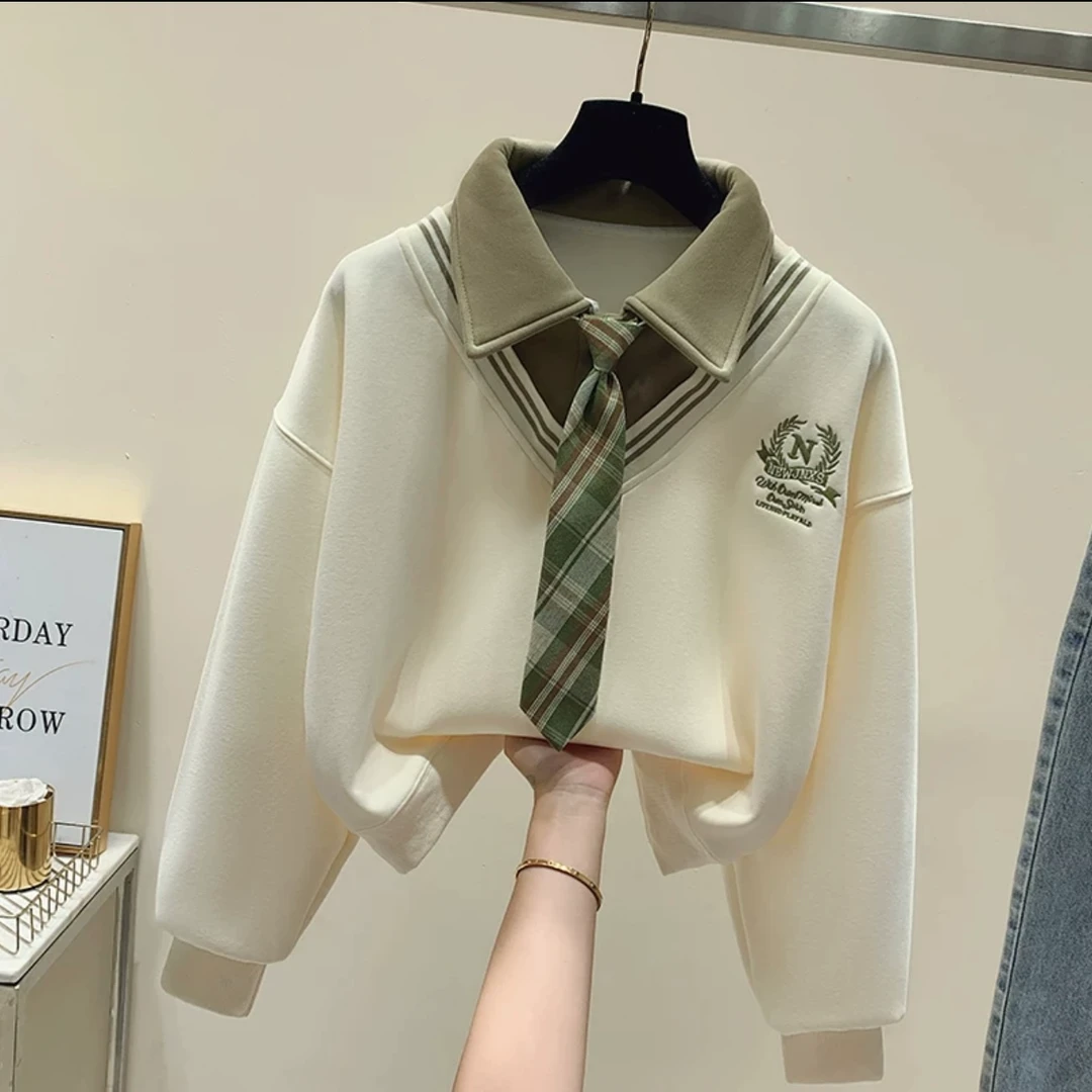 女童秋冬学院风卫衣中大童2024年新款假两件长袖撞色上衣爆款洋气