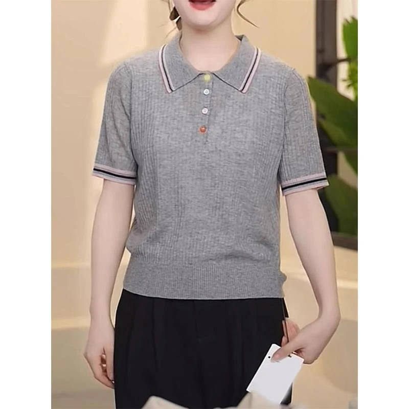 韩系翻领彩扣套头撞色短袖夏季新款小众设计感上衣别致独特t恤女