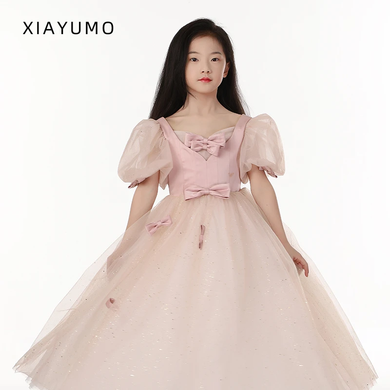 LYKX33002-夏羽墨儿童礼服女童粉色泡泡袖蓬蓬纱公主裙女孩连衣裙