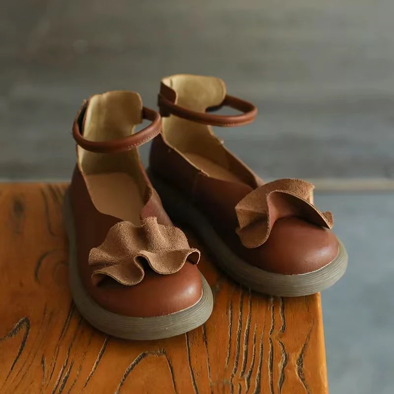 复古厚底浅口花朵后高帮玛丽珍魔术贴舒适百搭软底头层牛皮女鞋