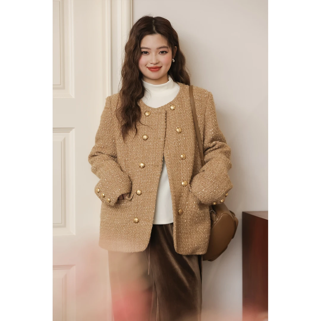 现货4356D婉酱微胖定制小众设计感双排扣气质小香风夹90羽绒外套