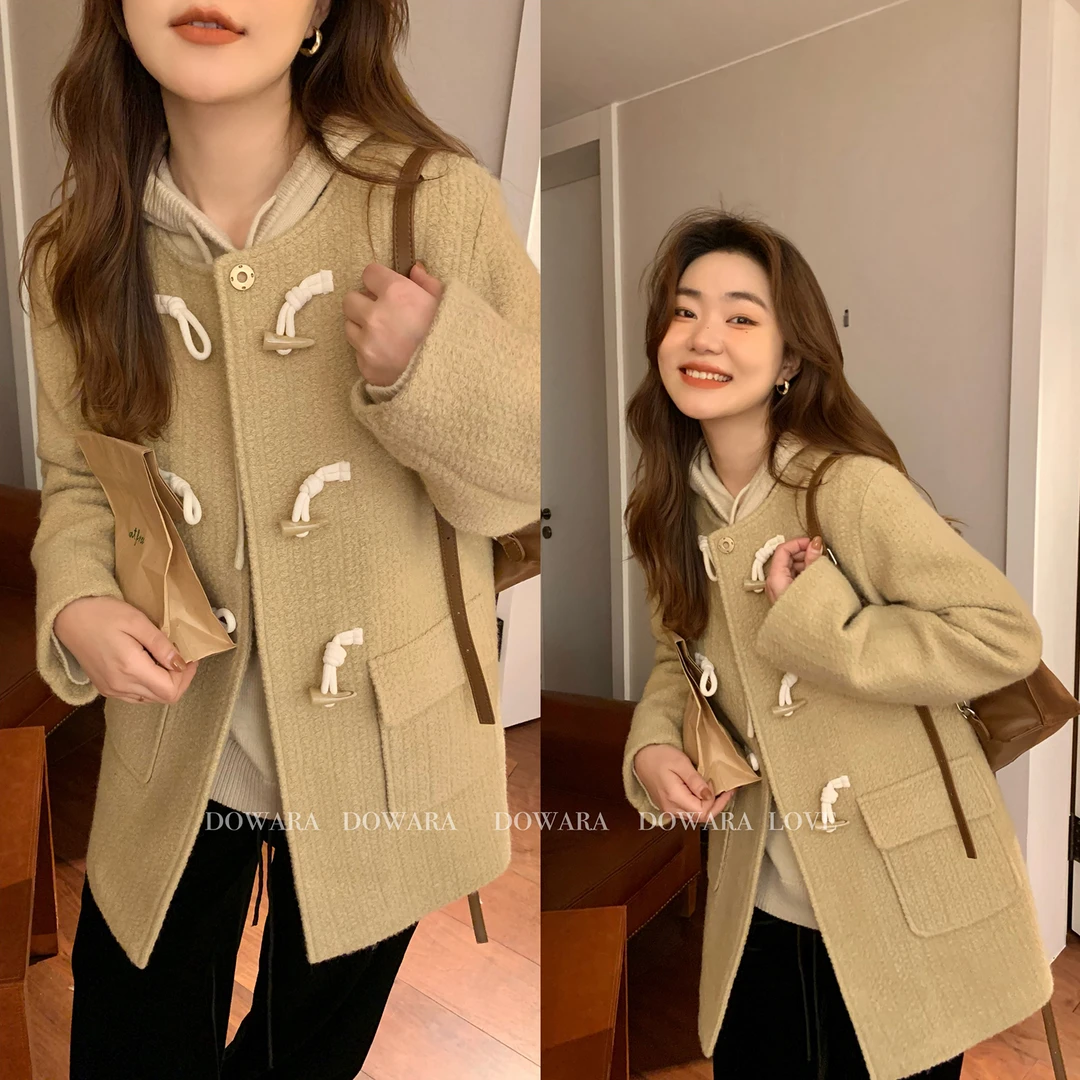 现货4355D大婉酱微胖定制韩系复古休闲牛角扣气质保暖夹棉外套