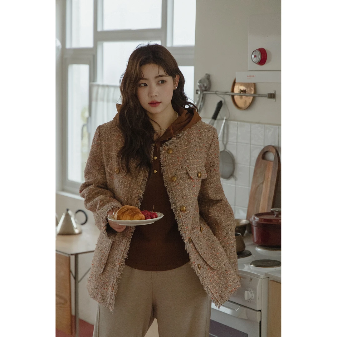 现货4456D大婉酱微胖定制韩系洋气轻奢羊毛混纺小香风夹羽绒外套