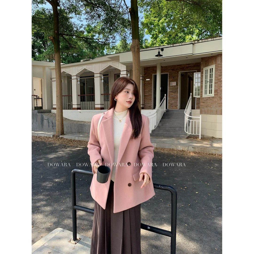 大婉酱微胖定制韩系粉色绵羊毛西装外套女冬季夹棉西服大衣 5483D