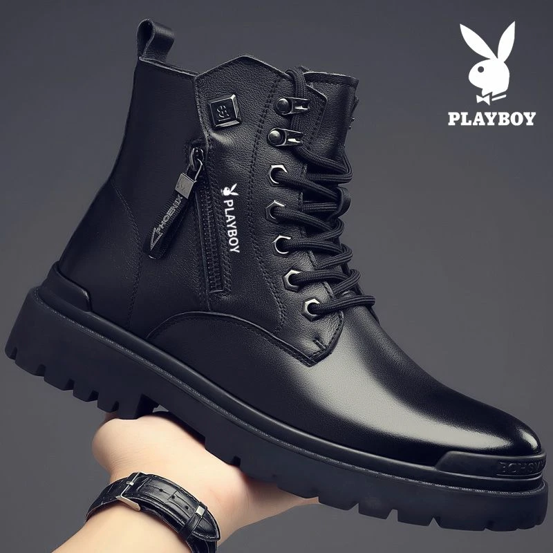 Playboy男鞋秋季高帮英伦复古黑色皮靴子中帮防水男士防滑工装靴