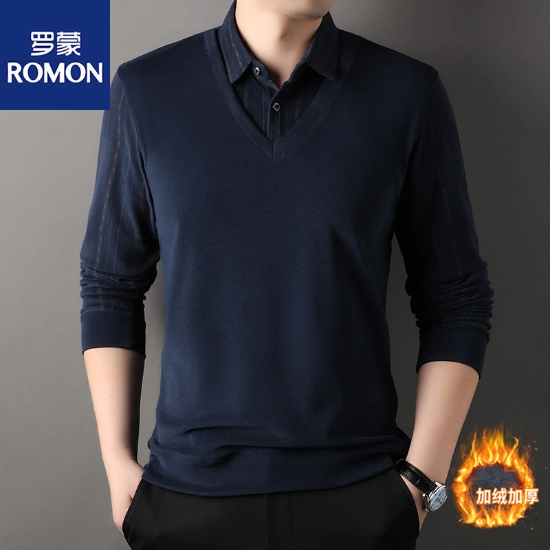 Romon/罗蒙男士长袖假两件加绒加厚打底针织衫中年爸爸衬衫领体恤