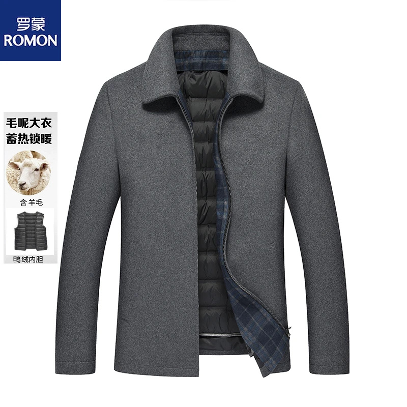 Romon/罗蒙羊毛夹克外套男短款毛呢秋冬羽绒内胆可拆卸加厚羽绒服