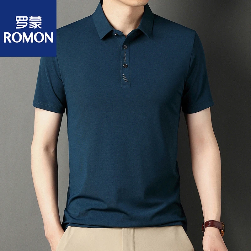 Romon/罗蒙夏季冰丝无痕透气中年短袖T恤翻领商务polo衫爸爸装男