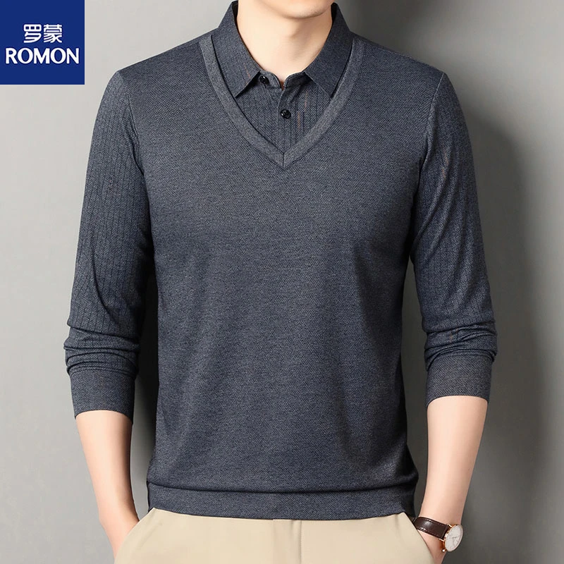 Romon/罗蒙爸爸装假两件长袖T恤男条纹中年薄款免烫衬衫领POLO衫