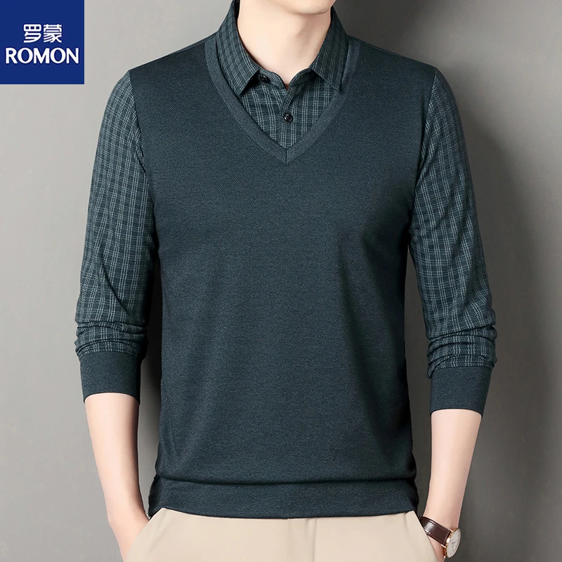 Romon/罗蒙秋假两件长袖衬衫领T恤百搭日常休闲长袖透气中年男士
