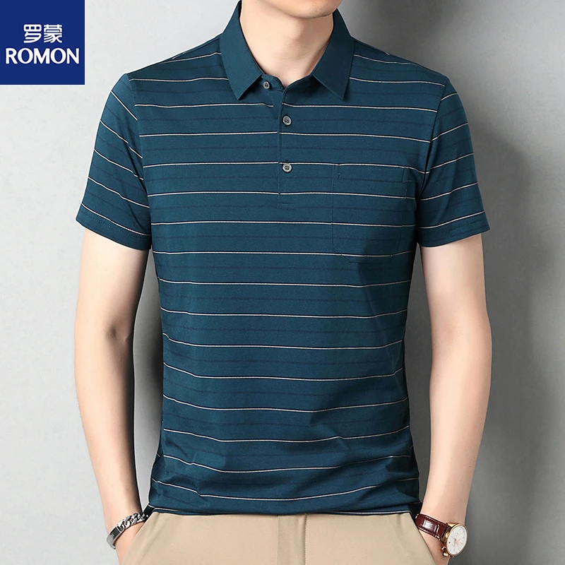 Romon/罗蒙夏季细条POLO衫商务休闲中年半袖薄款水洗棉翻领上衣