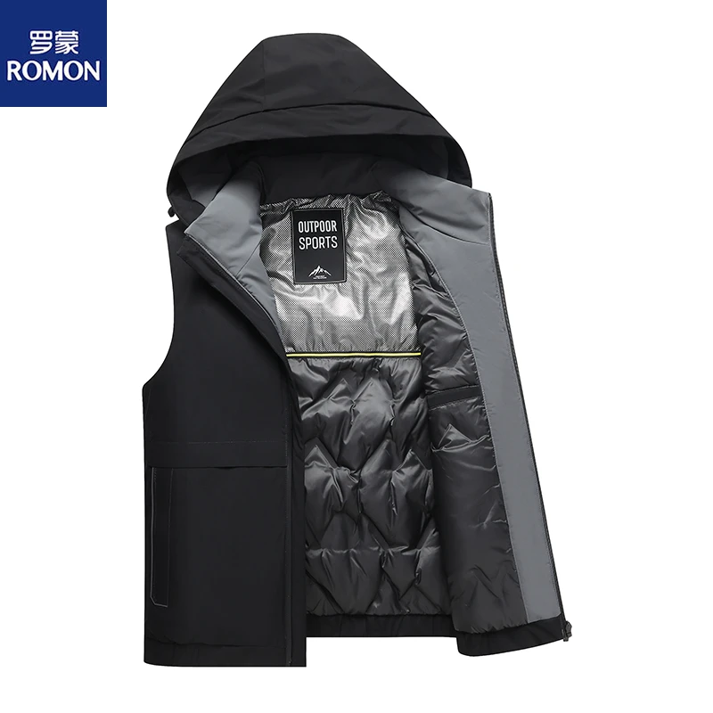 Romon/罗蒙男士羽绒马甲冬季户外连帽工装马夹短款加厚百搭背心