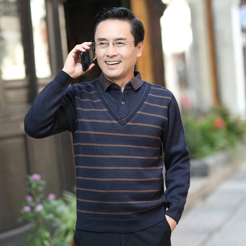 Romon/罗蒙爸爸毛衣加绒厚款秋冬季针织打底衫假两件上衣中年男装