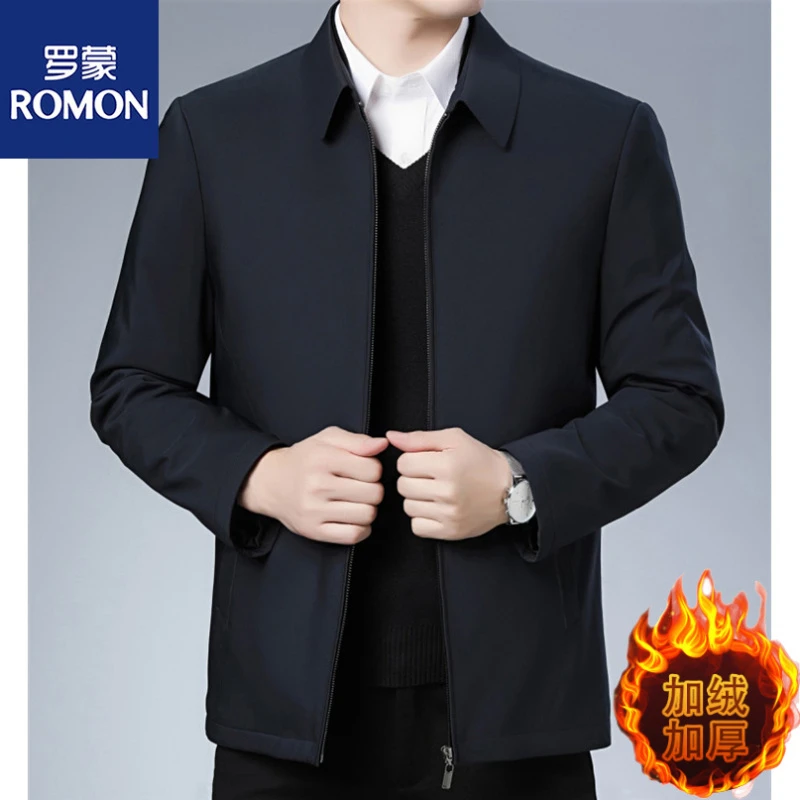 Romon/罗蒙爸爸装中老年翻领夹克秋冬季加绒加厚男士棉衣外套上衣