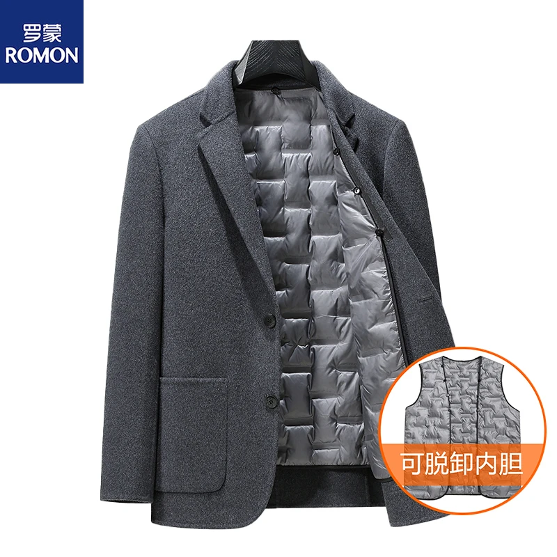 Romon/罗蒙双面呢羊绒大衣羊毛呢子外套冬季可拆羽绒内胆加厚西装