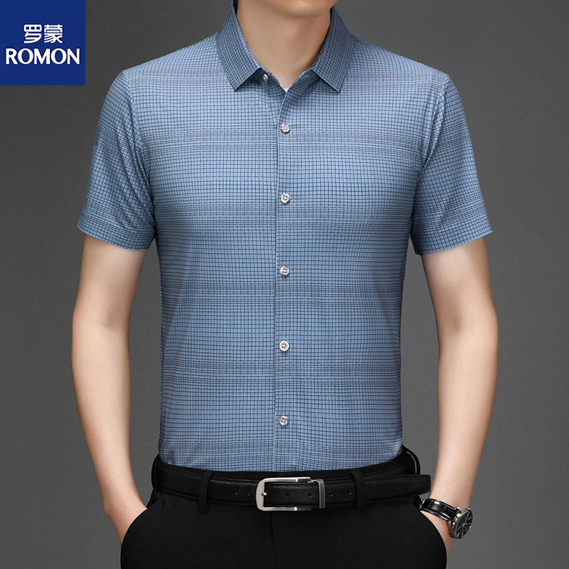 Romon/罗蒙夏季格子衬衫休闲商务无痕翻领中年衬衣薄款高档上衣男