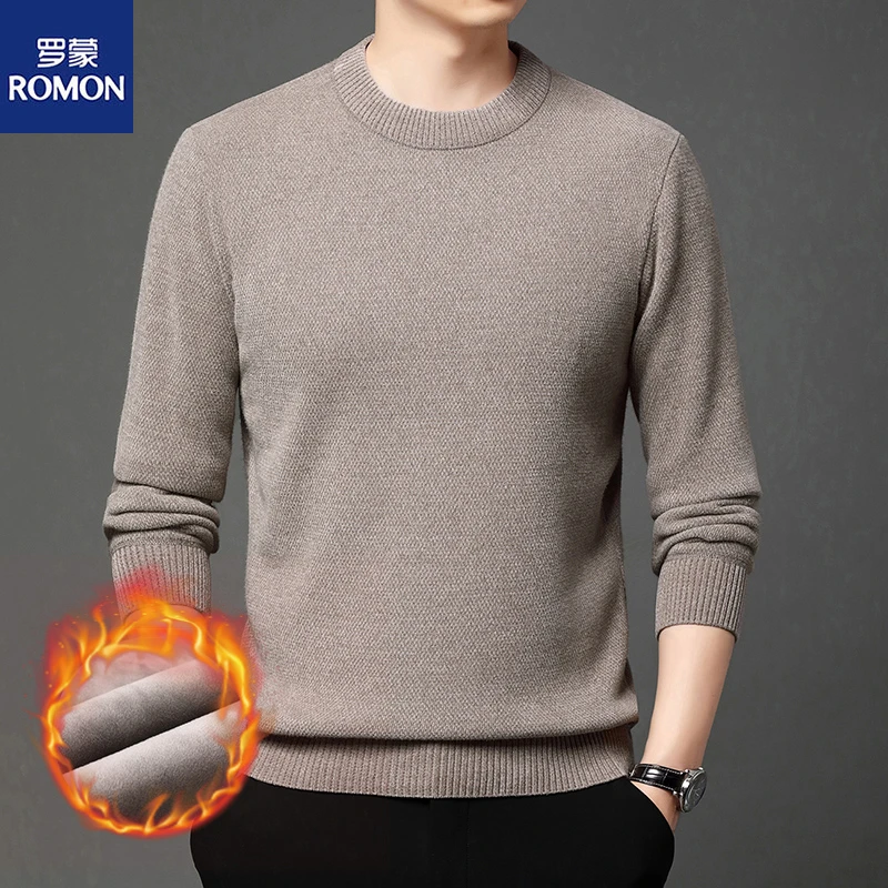 Romon/罗蒙高克重一体绒加绒加厚毛衣男半高领冬季保暖针织打底衫