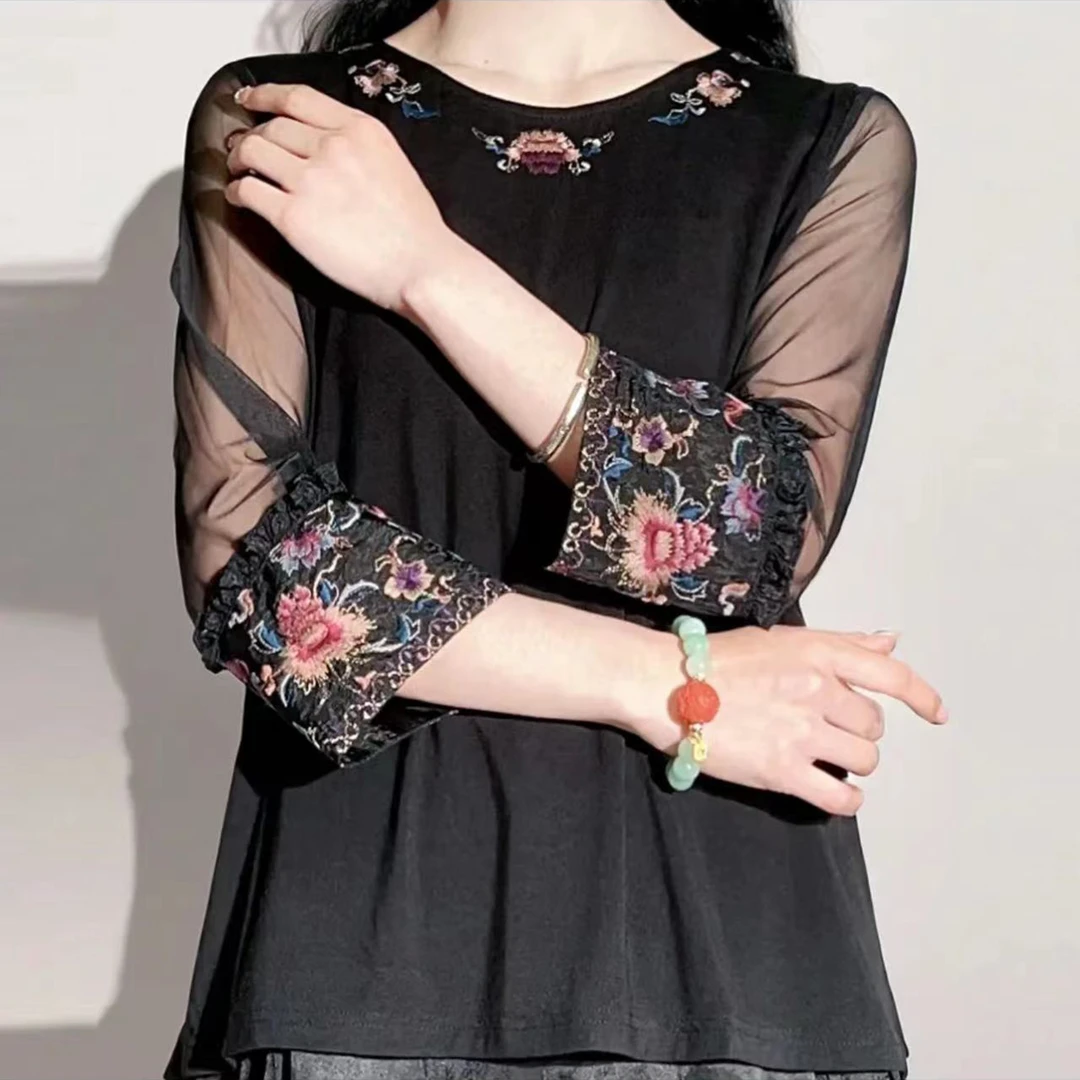 【主播同款内搭】民族风拼接上衣打底衫显瘦夏季复古小衫中国风印花