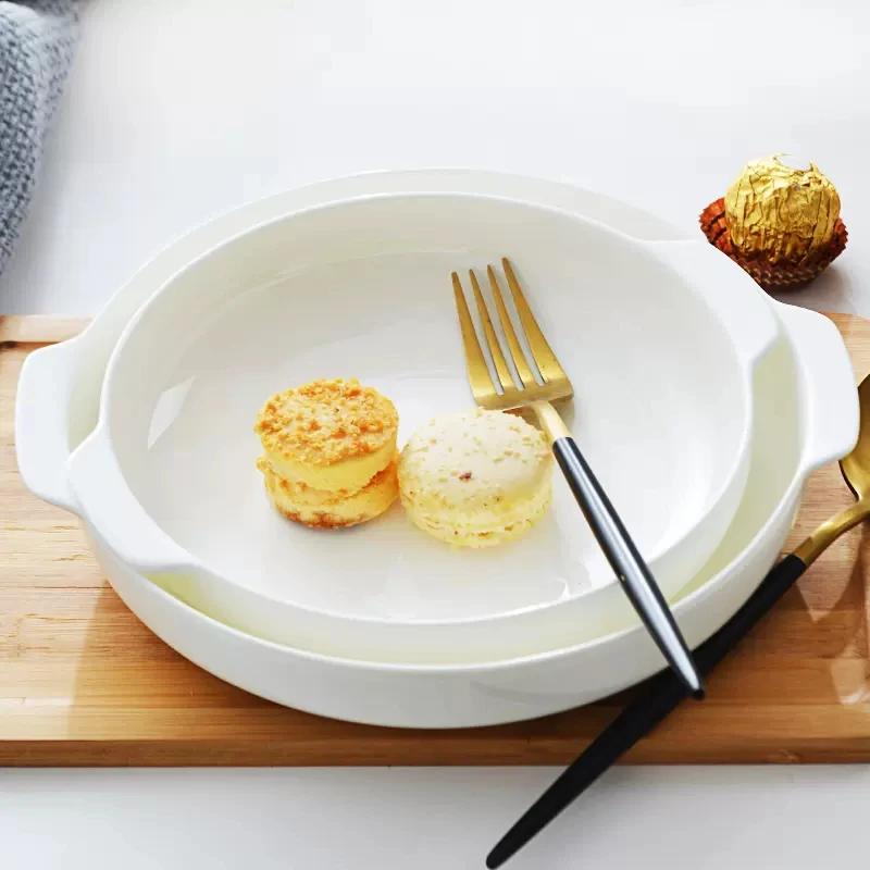 景德镇陶瓷盘子纯白骨瓷双耳烤盘家用客厅水果盘餐具陶瓷碗盘