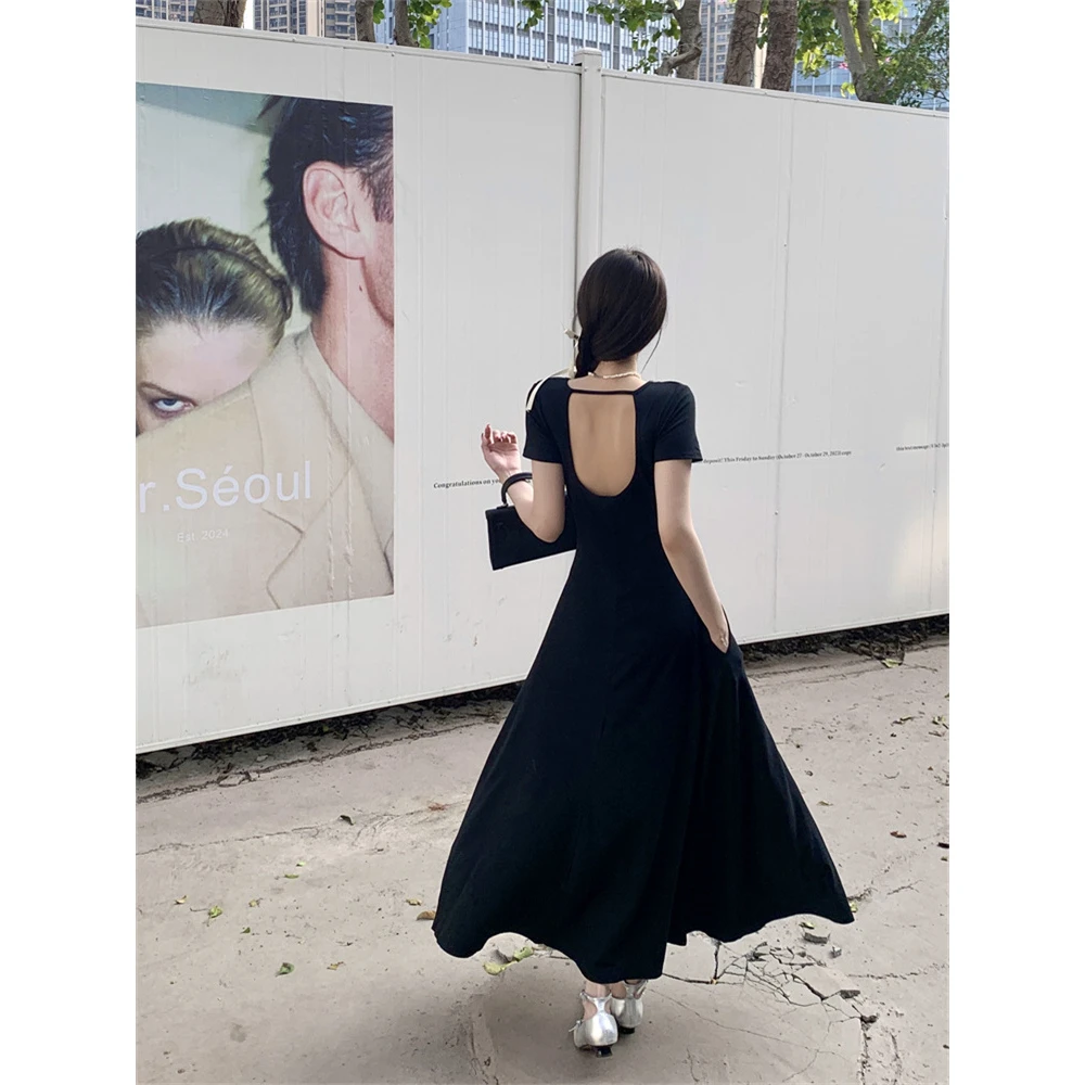 法式优雅U领露背短袖连衣裙女装2024年可盐可甜慵懒性感裙子夏季