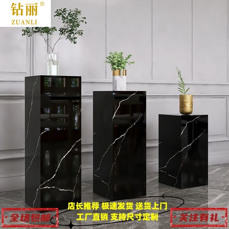 大理石黑白根岩板装饰品花架底座开业乔迁客厅陈列落地高级感摆件