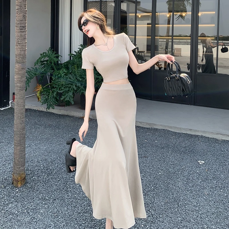 法式设计感套装裙2025夏季新款显瘦气质短袖垂感高腰半身裙两件套