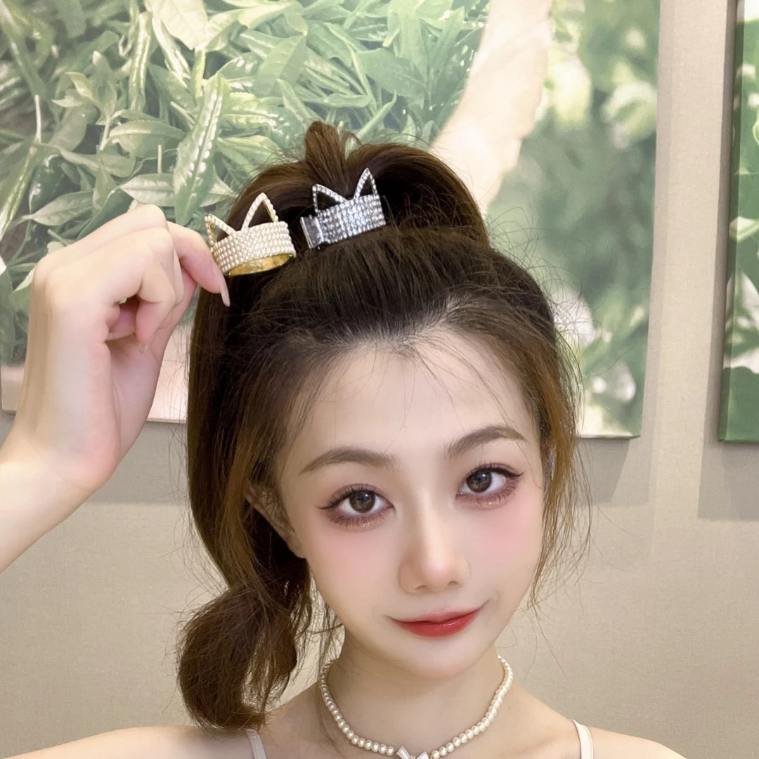 铁合金发饰 可爱网红猫耳满镶发夹甜美后脑勺高马尾固定神器夹子